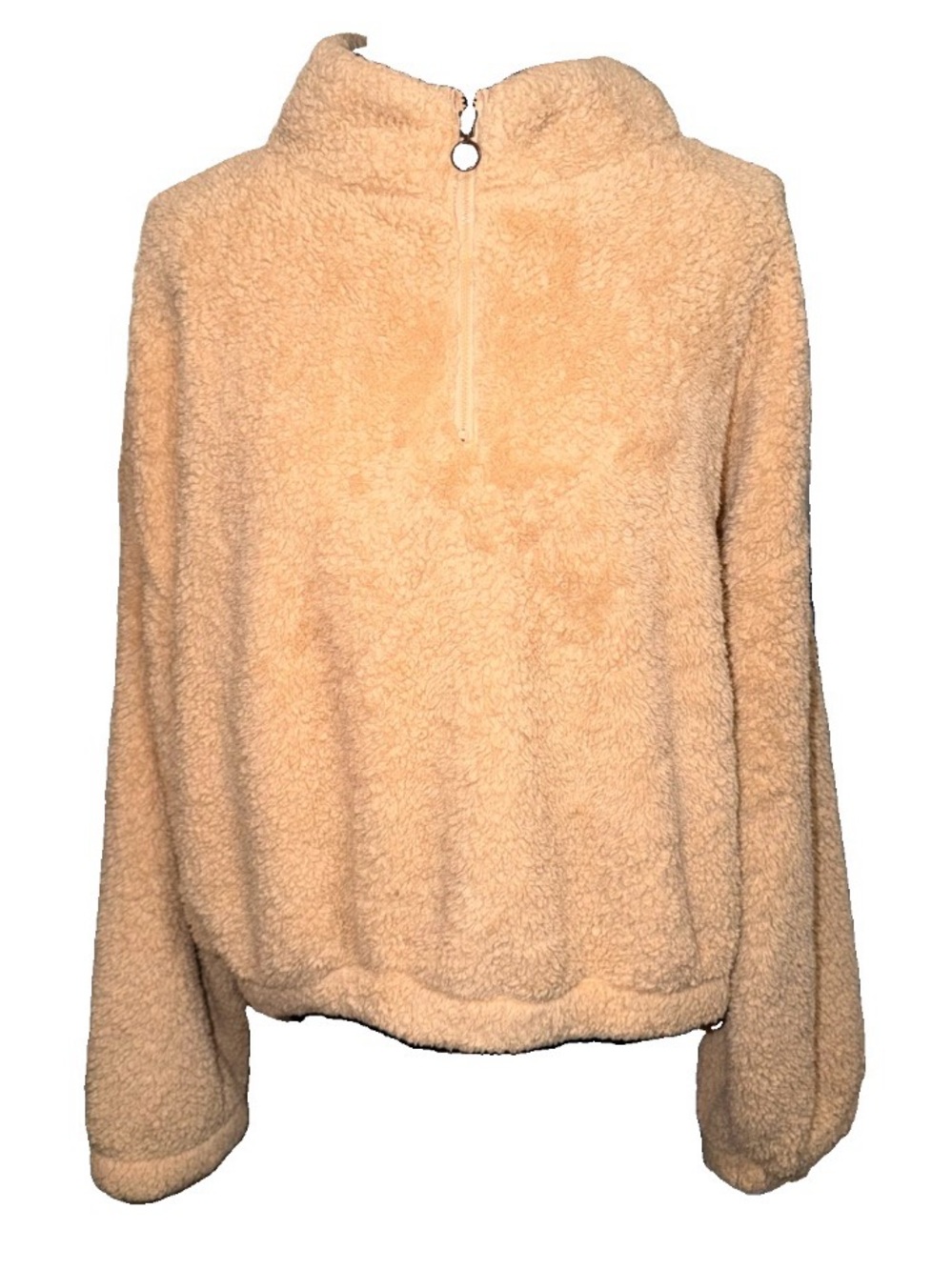 So Womens Tan Sherpa Quarter Zip Faux Fur Pullover Cropped Sweatshirt 1X EUC